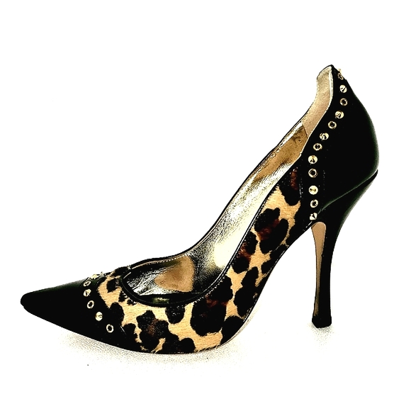 🐆EUC Gorgeous Leopard Print Heels W/Black Leather & Cool Studs By DSQUARED🐆 - Picture 11 of 13